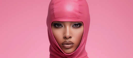 A female model in a pink balaclava hiding her face. headdress, hat. a close look. portrait of a girl in a ski mask. fashion.