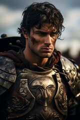 Fototapeta premium armed Roman legionaries. group of knights, with armor on, are standing together, in the style of intense close-ups, dark gold and brown, cinematic stills, selective focus.