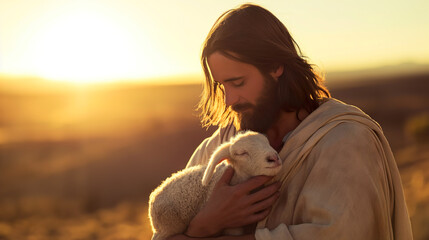 Jesus Christ holds a little lamb in his hands. A caring shepherd saves one lamb. - obrazy, fototapety, plakaty