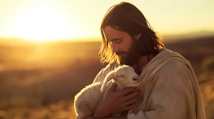 Fotobehang Jesus Christ holds a little lamb in his hands. A caring shepherd saves one lamb. © Serhii