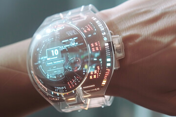 Touch, digital watches on a man’s hand, new products of the future - obrazy, fototapety, plakaty