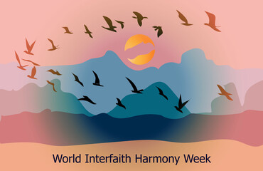 World Interfaith Harmony Week poster with flying birds on a sunset background