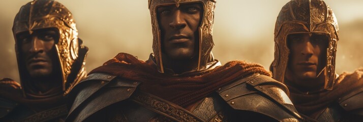 some warriors with their helmets on, in the style of cinematic lighting, dark gold and brown, intense close-ups. Gladiators with guns. Ready to fight. - obrazy, fototapety, plakaty