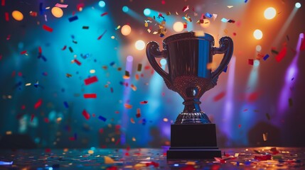 A gleaming gold winners trophy cup takes center stage, surrounded by a festive explosion of colorful celebration confetti and sparkling glitter, symbolizing victory and success in a competition.