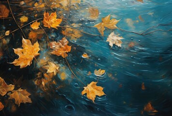 Vivid autumn leaves gently drifting on the water's surface in a pond.