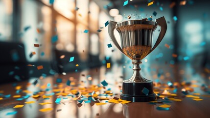 A gleaming gold winners trophy cup takes center stage amidst a shower of vibrant celebration confetti and sparkling glitter, symbolizing success and achievement in a professional office setting.