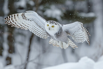 White, polar owl in flight in a snowy forest
