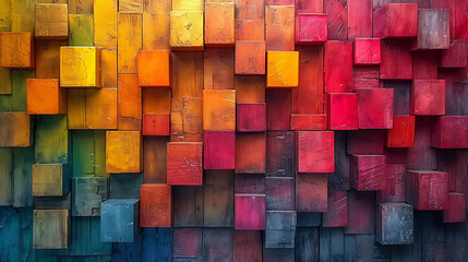 a bright wall of colored blocks and bricks, in the style of wood sculptor, illusory gradient, calming color palettes, shaped canvas