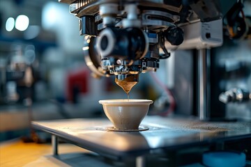 Advanced 3D printing machine creating a cup, intricate technology in a modern laboratory setting.