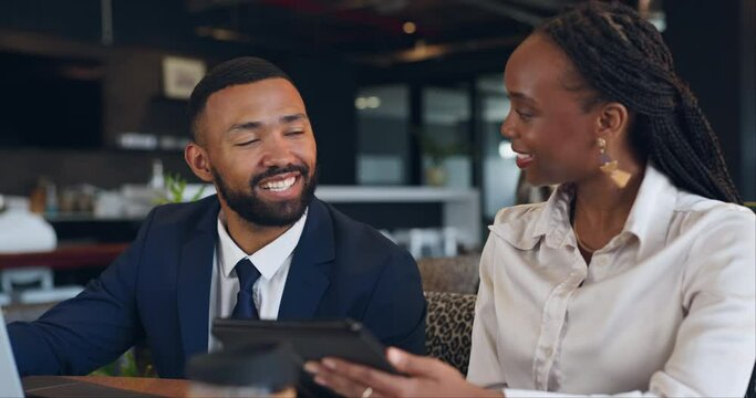 Business people, teamwork and technology with meeting in cafe for planning, communication or discussion. Employees, man or woman with collaboration for project, happy and networking in coffee shop
