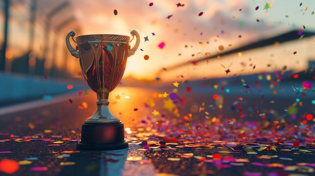 A gleaming gold winners trophy cup stands proudly on a race track, surrounded by a festive explosion of colorful celebration confetti and sparkling glitter, symbolizing victory and success.