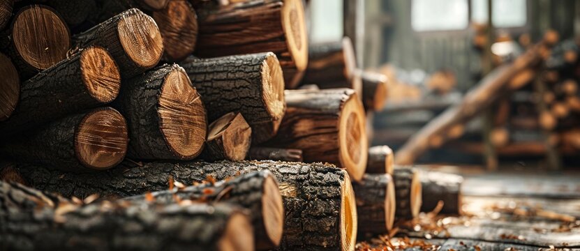 A towering stack of lumber, freshly cut from the logging site, sits inside the wooden walls of the factory, waiting to be transformed into something new