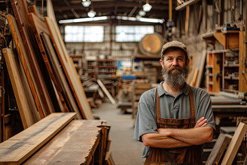 Fototapeta na wymiar man with a beard inside wide woodworking manufacturing plant