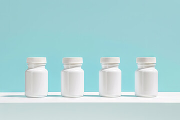 mockup three identical supplement white bottles on a light sky blue background