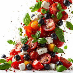 Fresh Italian or greek Caesar salad falling in sharp studio lighting