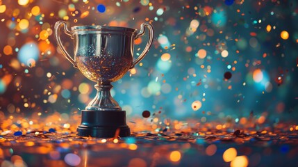 A gleaming gold winners trophy cup takes center stage, surrounded by a festive explosion of colorful celebration confetti and sparkling glitter, symbolizing victory and success in a competition. - obrazy, fototapety, plakaty
