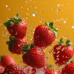 Delicious fresh strawberries falling in sharp studio lighting