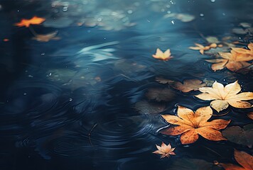 Fototapeta na wymiar Vivid autumn leaves gently drifting on the water's surface in a pond.
