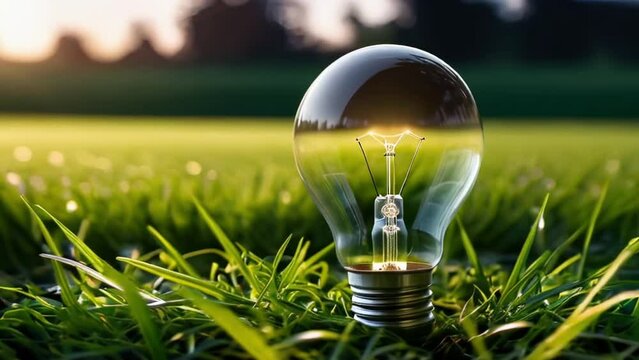 Light bulb on grass as a symbol of ecology and clean green energy. Sustainable resources background. AI generated loop
