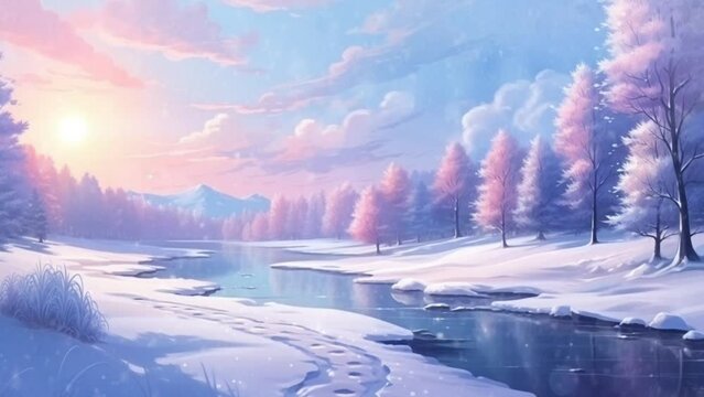 Animated winter cartoon landscape background with snowfall. 4k time-lapse seamless looping animated video background