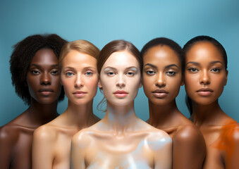 Obraz premium six women with different facial features and looks, in the style of digital manipulation, vibrant colorism, photo taken with nikon d750, light sky-blue and light amber, shaped canvas,
