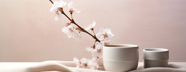 spa products on white table with fresh flower buds isolated on pink background, in the style of...