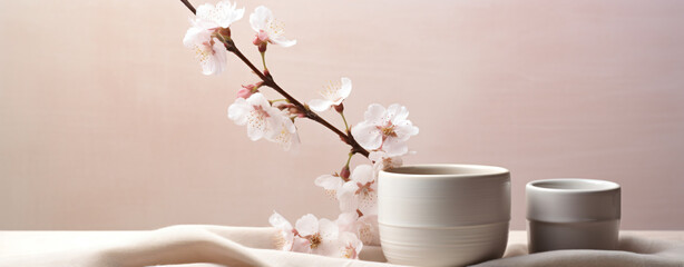 spa products on white table with fresh flower buds isolated on pink background, in the style of dark beige and gray, cherry blossoms, use of paper, dark violet and beige