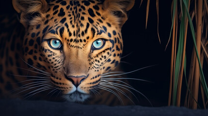 portrait of a leopard on a dark background created with Generative AI technology