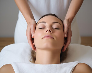 Fototapeta na wymiar beautiful woman getting a facial massage, in the style of shaped canvas, soft, spa, wellness, skincare,