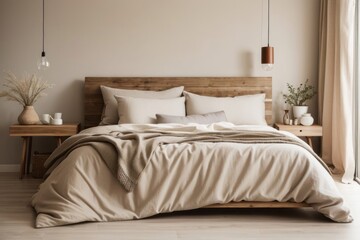 French interior home design of modern bedroom with wooden bed and beige duvet with rustic wooden side table