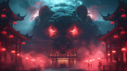 Mystical Red-Eyed Panther Over Oriental Temples in Mist - obrazy, fototapety, plakaty