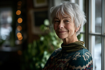 Smiling and elegant middle-aged woman conveying happiness and health to future generation longevity. Portrait of smiling mature woman looking at camera with big grin. middle aged woman smiling.