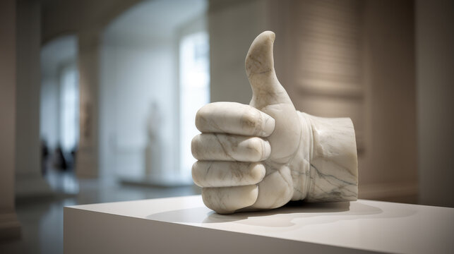 Sculpture of the Hand made of marble shows a thumb up. The hand shows like in the museum. Modern art object