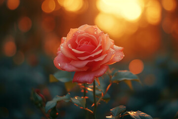 Rose at Golden Hour with Dew Drops
