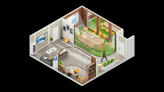 3D Smart office in Isometric Style. Loop Animation. Alpha Channel
