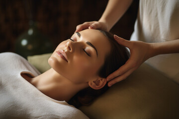 Obraz na płótnie Canvas beautiful woman getting a facial massage, in the style of shaped canvas, soft, spa, wellness, skincare,