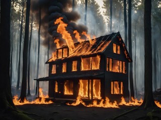 Burning house in the middle of forest