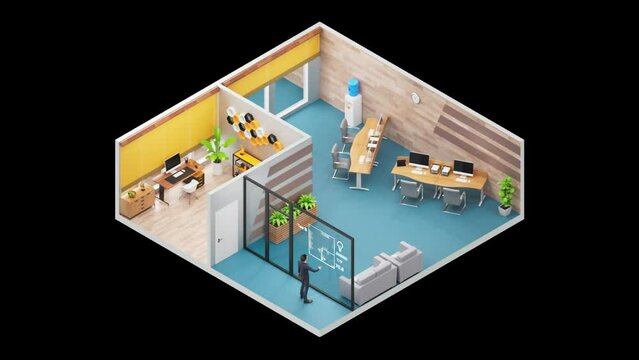 Animated Office layout, floor plan in 3D Isometric Style. Loop Animation. Alpha Channel