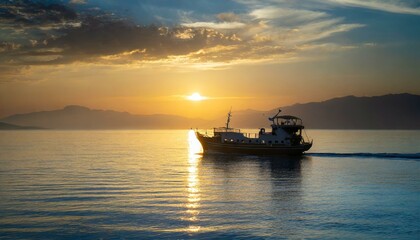 Obraz premium Boat Ship Sailing Serenely at Sunset on Calm Ocean Waters