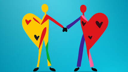 Image of people in love holding hands in the style of abstractionism, graphic lines, bright colors. Generative AI