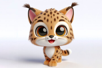 full body little cute happy lynx 3d character with bulging eyes on solid a white background. ai generative