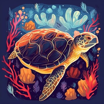 Underwater marine life.  illustration with sea turtle, Generative AI 