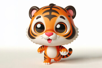 full body little cute happy tiger 3d character with bulging eyes on solid a white background. ai generative