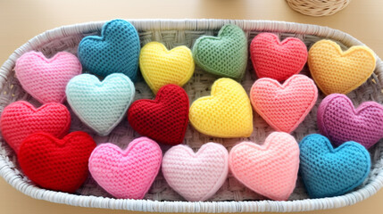 Colorful knitted hearts lying in a basket, Valentine's Day symbolism, textiles. Generative AI