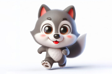 full body little cute happy wolf 3d character with bulging eyes on solid a white background. ai generative