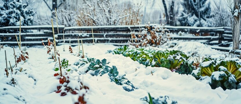 A winter wonderland captured in one picture - a frozen garden surrounded by a snow-covered fence, with frost clinging to the plants, while a winter storm rages on, creating a snowy blanket over the b