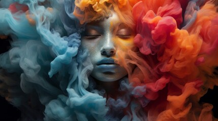 Beautiful sensual woman with closed eyes covered in colorful smoke (Generative AI)