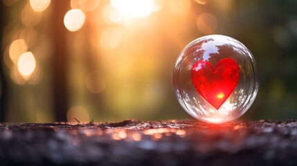 A delicate heart in the middle of a transparent glass ball, on a blurred background. Generative AI