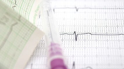 Ekg heart rhythm recording on paper. There is a syringe placed over it that the doctor uses to analyze heart disease treatment illustration on a white background.