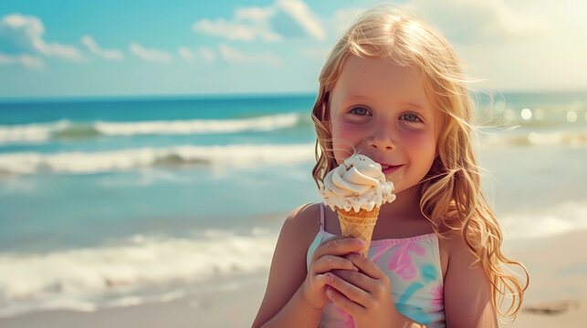 child eating cream on the beach